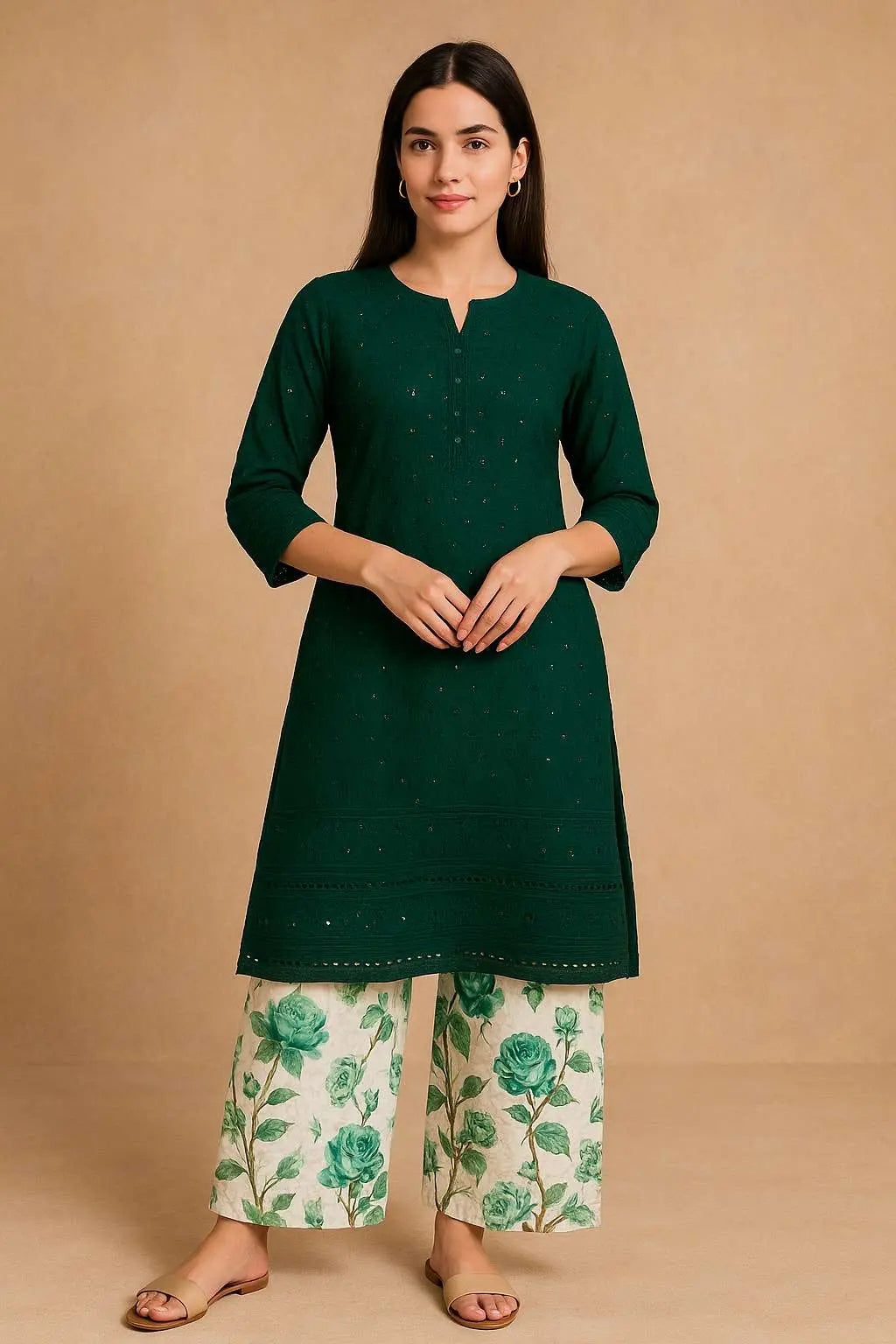 Bottle Green color Chikankari kurti with Mastani palazzo